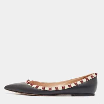 Pre Owned Valentino Black/White Leather Rockstud Ballet Flats Size 37