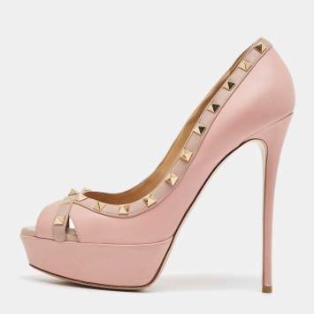 Pre Owned Valentino Beige/Pink Leather Rockstud Peep Toe Pumps Size 40