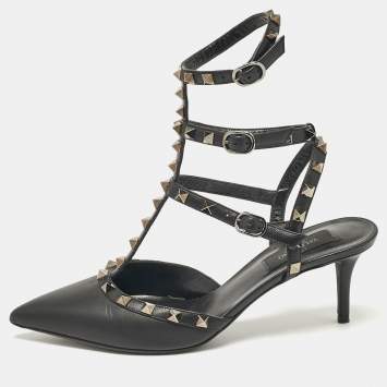Pre Owned Valentino Black Leather Rockstud Ankle Strap Pumps Size 38.5