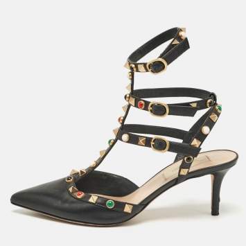 Pre Owned Valentino Black Leather Rockstud Pumps Size 36.5