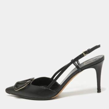 Pre Owned Valentino Black Leather Rockstud Slingback Pumps Size 36