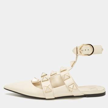 Pre Owned Valentino Cream Leather Roman Stud Ankle Strap Flats Size 38