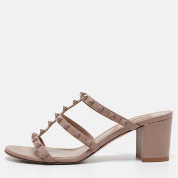 Pre Owned Valentino Dusty Pink Leather Rockstud Slide Sandals Size 39