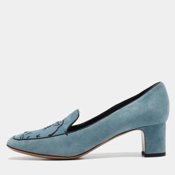 Pre Owned Valentino Blue Leather and Suede Panther Pumps Size 39