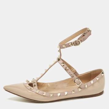 Pre Owned Valentino Beige Patent and Leather Rockstud Ballet Flats Size 38