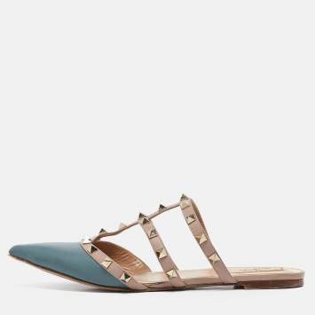 Pre Owned Valentino Blue/Light Pink Leather Rockstud Mule Flats Size 39