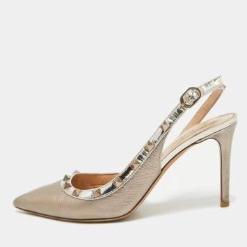 Pre Owned Valentino Metallic Beige Patent and Leather Rockstud Slingback Pumps Size 38