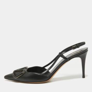 Pre Owned Valentino Black Leather Escape V logo Pumps Size 38