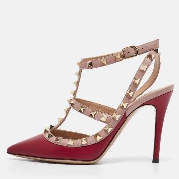 Pre Owned Valentino Burgundy/Dusty Pink Leather Rockstud Ankle Strap Pumps Size 35.5