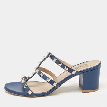 Pre Owned Valentino Blue Leather Rockstud Slide Sandals Size 37