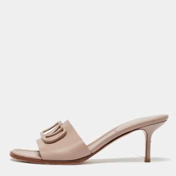 Pre Owned Valentino Dusty Pink Leather Escape V logo Slide Sandals Size 40.5
