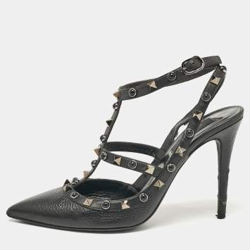 Pre Owned Valentino Black Leather Rockstud Strappy Pointed Toe Pumps Size 39