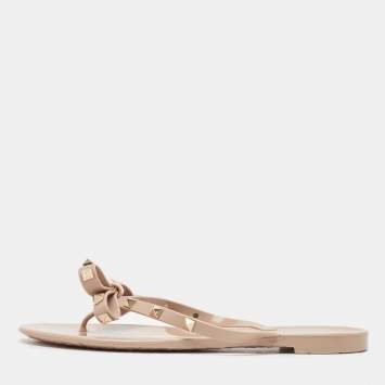 Pre Owned Valentino Dusty Pink Rubber Rockstud Thong Flats Size 40