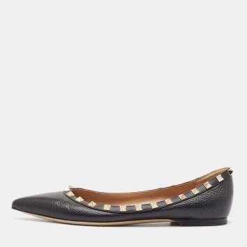 Pre Owned Valentino Black Leather Rockstud Ballet Flats Size 39