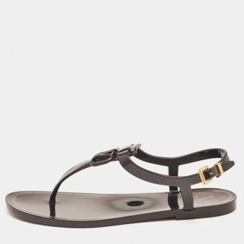 Pre Owned Valentino Black Jelly Escape V Logo Thong Flat Sandals Size 38