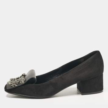 Pre Owned Valentino Black Suede Crystal Embellished Block Heel Pumps Size 40