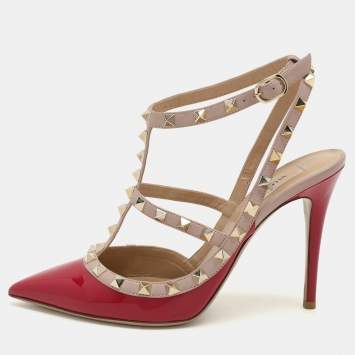 Pre Owned Valentino Pink/Beige Patent and Leather Rockstud Ankle Strap Pumps Size 39