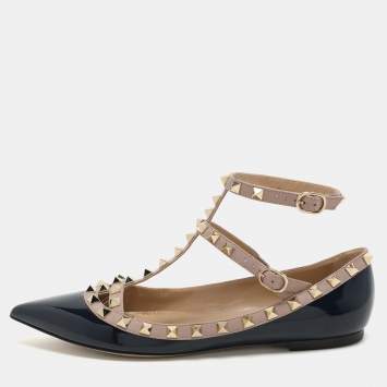 Pre Owned Valentino Blue Patent and Leather Rockstud Ballet Flats Size 38.5