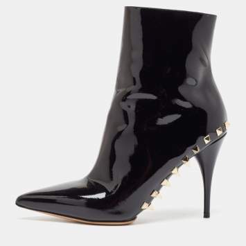 Pre Owned Valentino Black Patent Leather Rockstud Ankle Length Boots Size 38.5