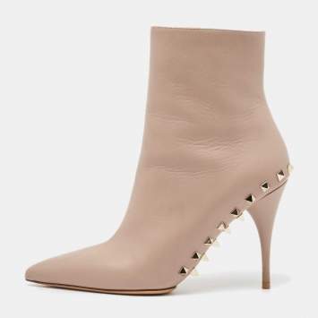Pre Owned Valentino Beige Leather Rockstud Ankle Length Boots Size 37.5