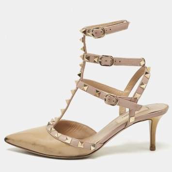 Pre Owned Valentino Beige Patent Leather Rockstud Ankle Strap Pumps Size 36