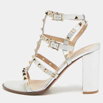 Pre Owned Valentino Silver Leather Rockstud Ankle Strap Sandals Size 38