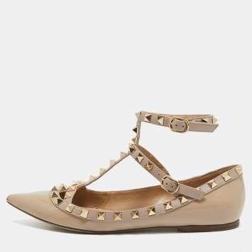 Pre Owned Valentino Beige Patent Leather Rockstud Ballet Flats Size 36.5