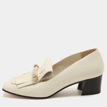 Pre Owned Valentino Off White Leather Embellished Fringe Detail Block Heel Pumps Size 37.5