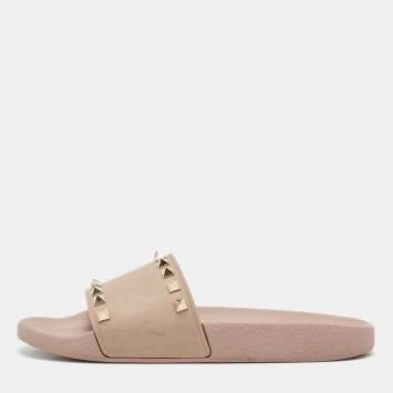 Pre Owned Valentino Dusty Pink Rubber Rockstud Slides Size 38