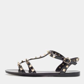 Pre Owned Valentino Black Rubber Rockstud Flat Sandals Size 36