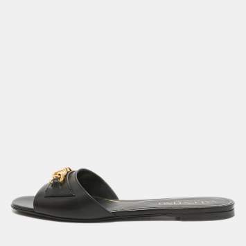 Pre Owned Valentino Black Leather VLogo Flat Slides Size 39