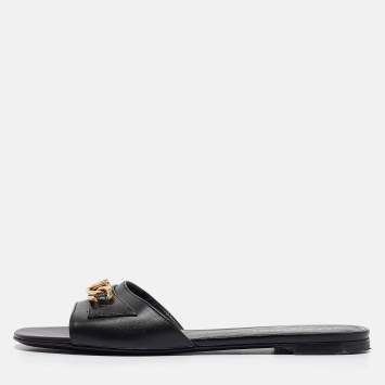 Pre Owned Valentino Black Leather VLogo Chain Flat Slides Size 38