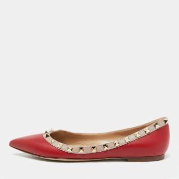 Pre Owned Valentino Red/Beige Leather Rockstud Ballet Flats Size 36.5