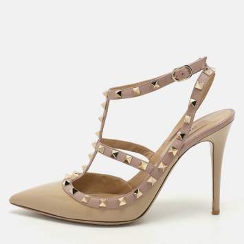 Pre Owned Valentino Beige Leather and Patent Leather Rockstud Pumps Size 40.5