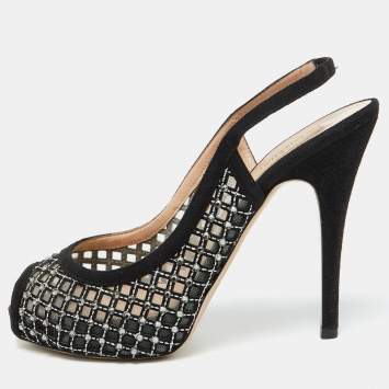 Pre Owned Valentino Black Mesh and Suede Crystal Embellished Peep Toe Pumps Size 38.5