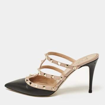 Pre Owned Valentino Black/Dusty Pink Leather Rockstud Mules Size 41