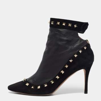 Pre Owned Valentino Black Leather and Suede Rockstud Ankle Boots Size 40