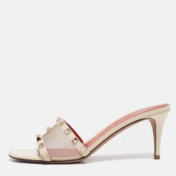 Pre Owned Valentino Cream Mesh and Patent Leather Rockstud Slide Sandals Size 39