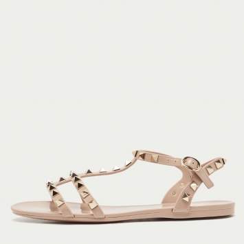 Pre Owned Valentino Beige Rubber Rockstud Ankle Strap Flats Size 37