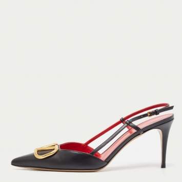 Pre Owned Valentino Black Leather Escape V logo Slingback Pumps Size 41