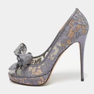 Pre Owned Valentino Grey Lace and Mesh Couture Peep Toe Pumps Size 41