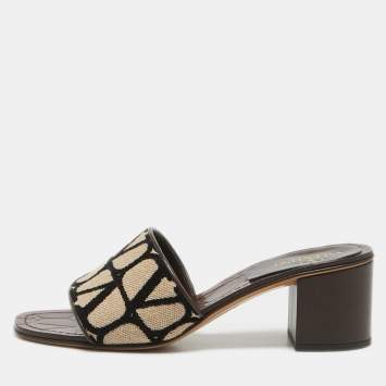 Pre Owned Valentino Multicolor Canvas and Leather Toile Iconographe Block Heel Slide Sandals Size 36