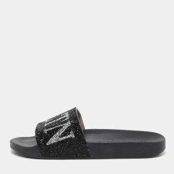 Pre Owned Valentino Black Leather VLTN Crystal Embellished Flat Slides Size 39