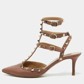 Pre Owned Valentino Dusty Rose Pink Leather Rockstud Ankle Strap Pumps Size 38.5