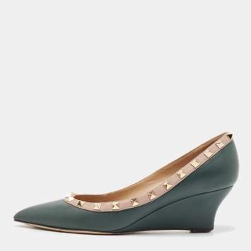 Pre Owned Valentino Green/Beige Leather Rockstud Wedge Pumps Size 38.5