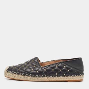 Pre Owned Valentino Black Leather Rockstud Espadrille Flats Size 39