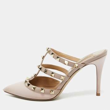 Pre Owned Valentino Beige Leather Rockstud Pointed Toe Mules Size 36.5