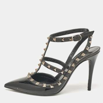 Pre Owned Valentino Black Patent Leather Rockstud Ankle Strap Pumps Size 38.5