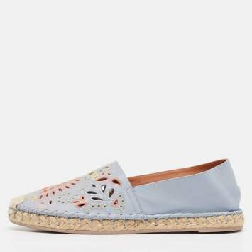 Pre Owned Valentino Light Blue Embroidered and Laser Cut Leather Espadrille Flats Size 38