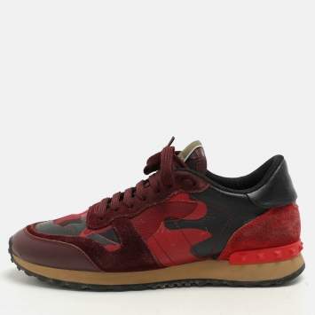 Pre Owned Valentino Red Leather and Canvas Rockrunner Low Top Sneakers Size 39